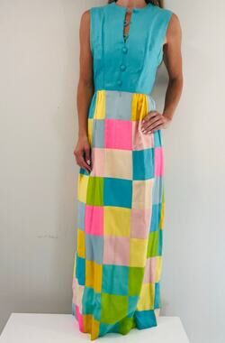 1970s Vintage Maxi Patchwork Dress Bold Bright Colors New York Designer